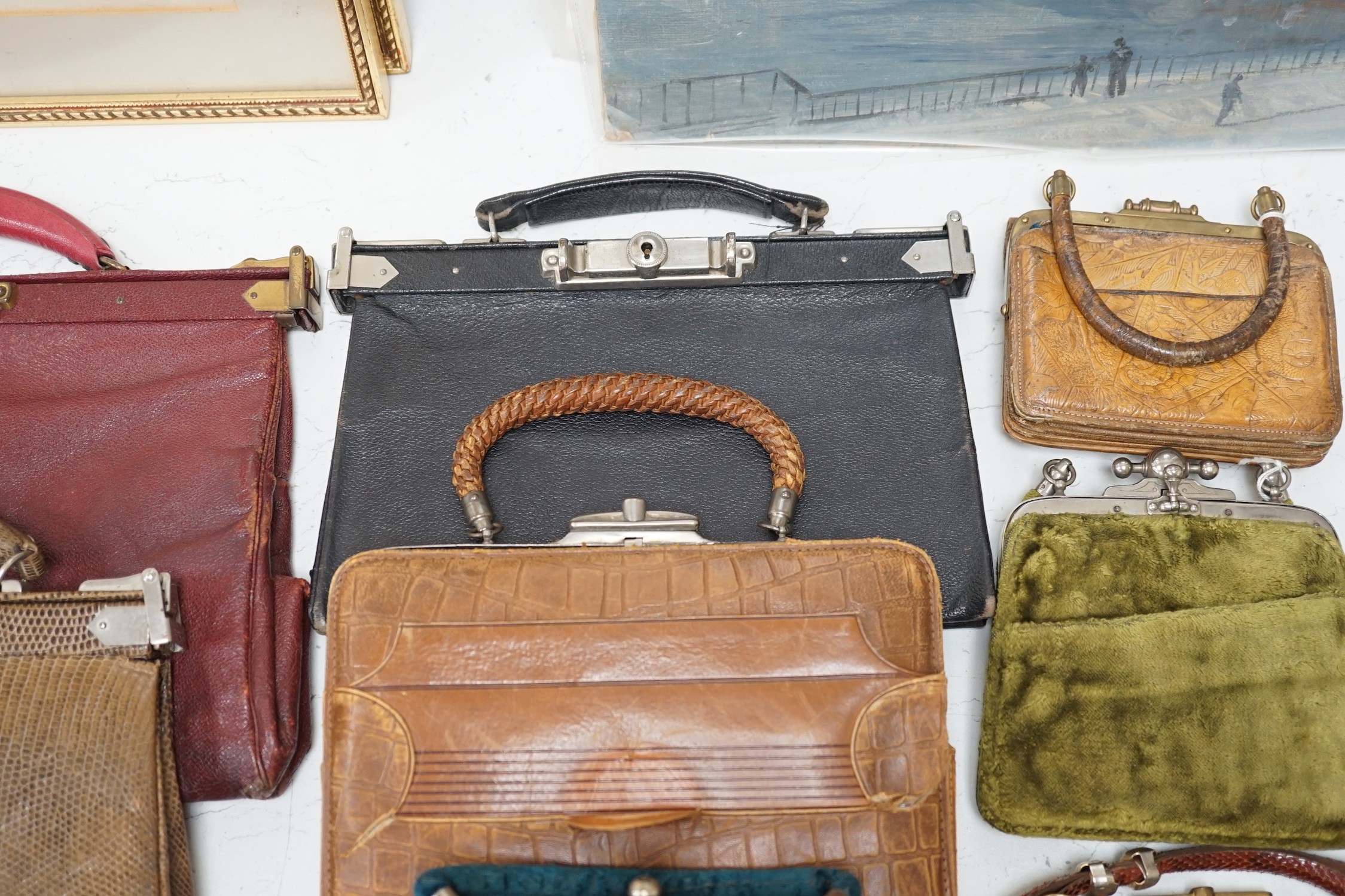 A collection of nine late 19th century to 1940’s mixed leather ladies handbags with ‘Doctors bag’ style metal clasps